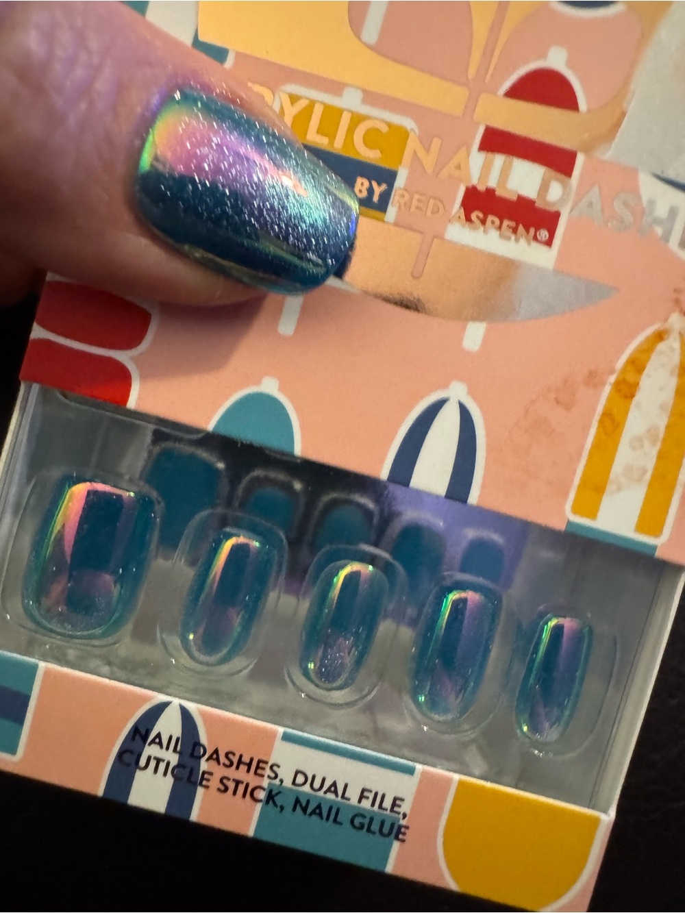 Red Aspen Nautical Nelly acrylic Press on nails blue cats eye finish